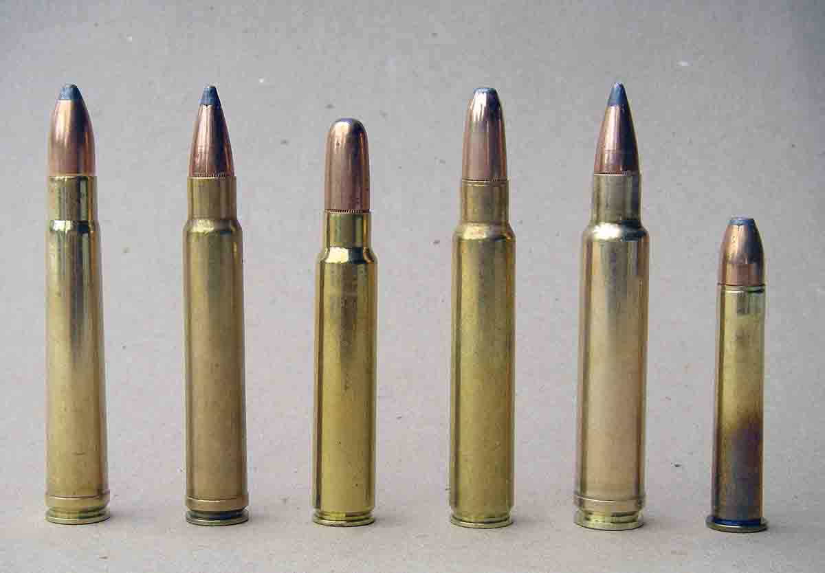 Popular .375 cartridges include (left to right): .375 H&H Magnum, .375 Weatherby Magnum, .375 Ruger, .375 Remington Ultra Mag, .378 Weatherby Magnum and .375 Winchester.